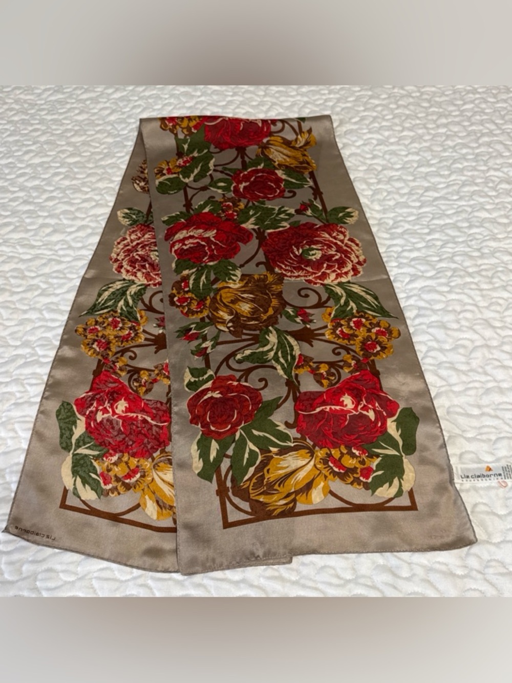 VTG Liz Claiborne 100% Silk Rectangular Scarf‎ Wrap Floral Vibrant Boho Japan